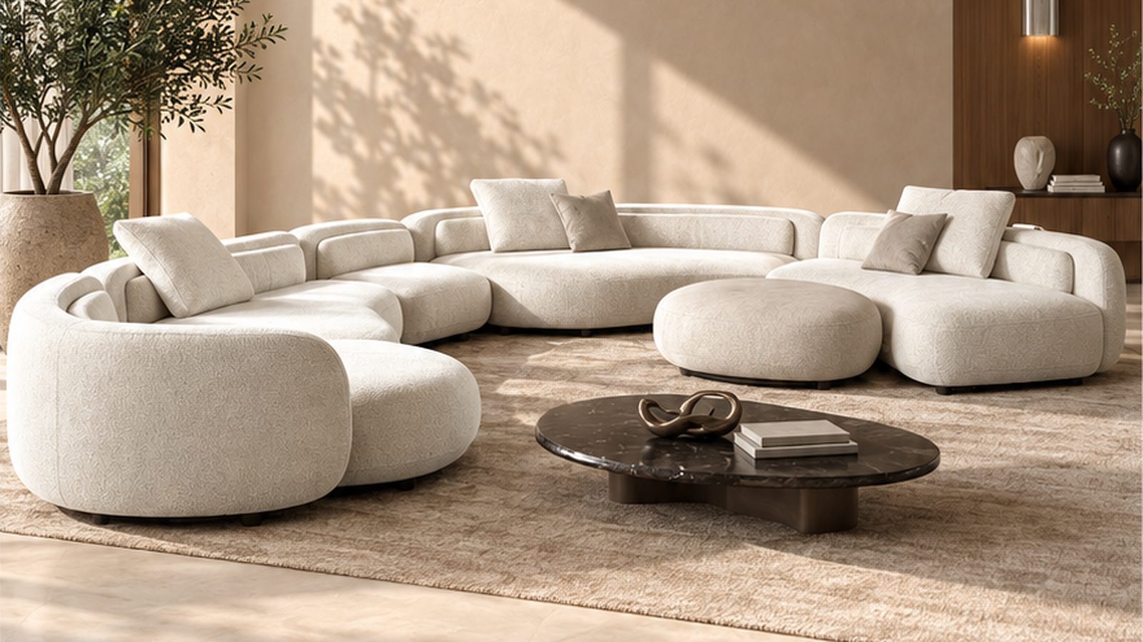 The Sculpt Sofa, a sweeping modular sofa, in a timber-panelled room (illustrative render)