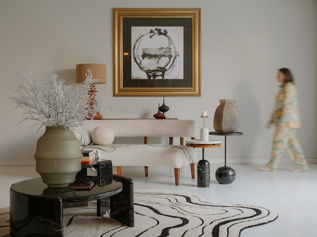 A styled lounge with a contour rug, an ivory bench and a framed drawing